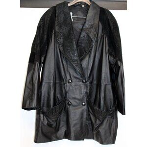 Vtg 80s Preston & York Leather Coat sz XL BLack Embossed Paisley Suede Modern